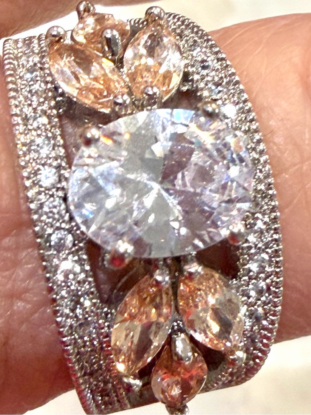 Silver-Tone Pink and Clear Crystal Floral Band Ring - Size 8